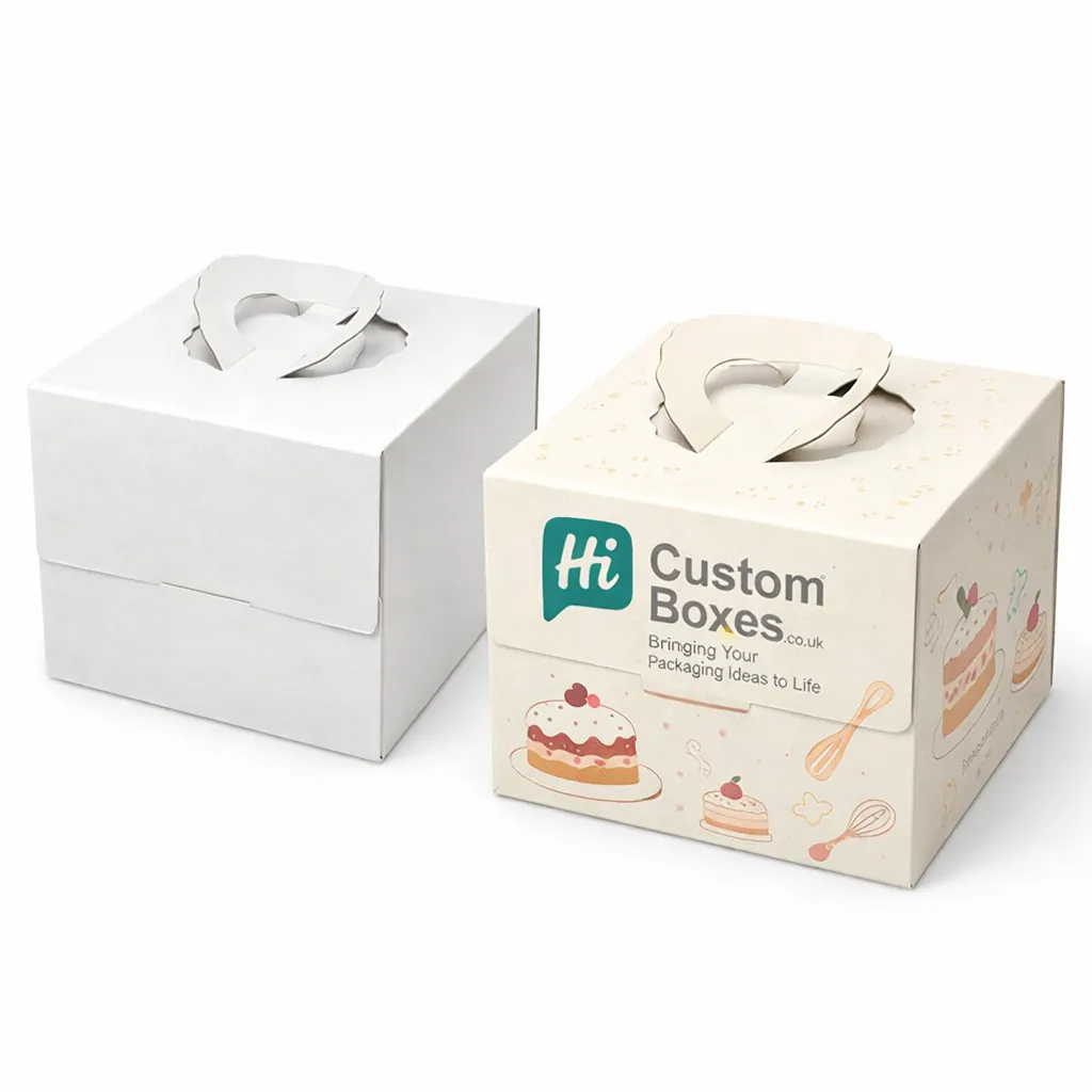 Two white cake boxes featuring heart-shaped carry handles and decorative illustrations of sweet treats. class=